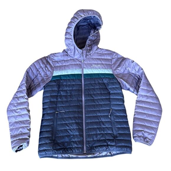 NWOT Women’s EDDIE BAUER Microlight Hooded 650 Fill Colorblock Jacket (S) - Picture 1 of 7